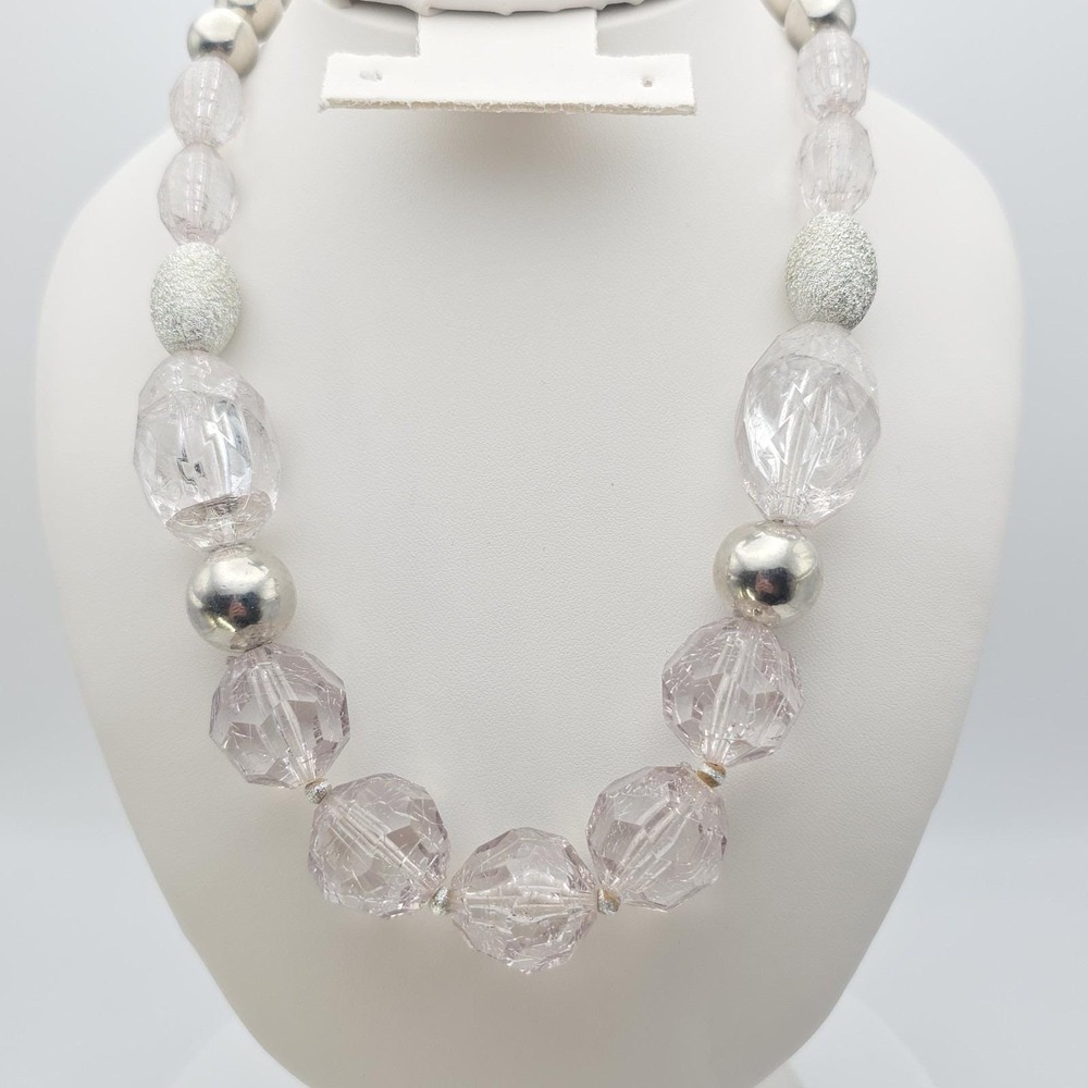 Vintage NY Necklace Fauceted Lucite Crystal Clear Beads‎ Silver Tone Beads 20"